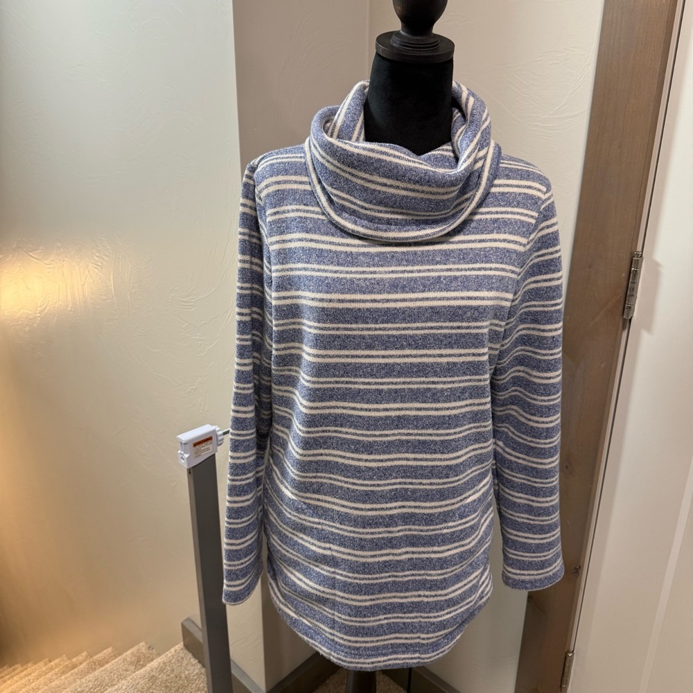 L.L. Bean Blue White Stripe Knit Turtleneck Cowl Neck Sweater Pockets Cotton M